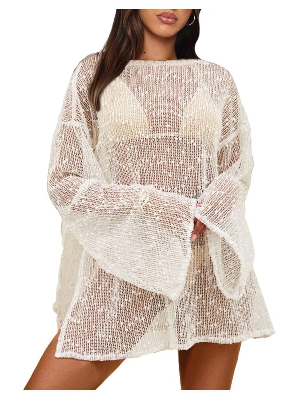 Women Long Sleeve Crochet Cover Up Dress Sheer Beach Swim Suit